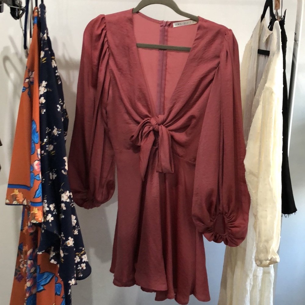 Wore once! Rose Pink Satin Puff Sleeve Dress - Picture 9 of 9